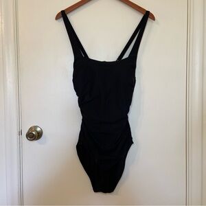 Athleta Aqualuxe Square Neck Ruched One Piece Swimsuit Black Slimming Medium